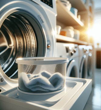 Nærbilde av moderne tørketrommel i et lyst vaskerom, fokus på å rengjøre lofilteret, ryddig og trygt miljø, realistisk foto-stil