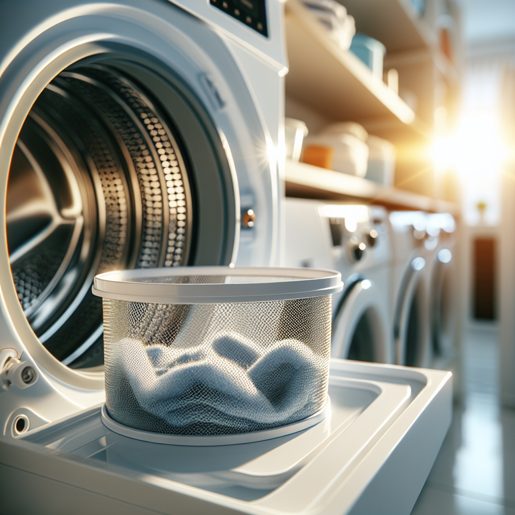 Nærbilde av moderne tørketrommel i et lyst vaskerom, fokus på å rengjøre lofilteret, ryddig og trygt miljø, realistisk foto-stil