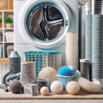 Nærbilde av tørketrommel-tilbehør: ventilasjonsrør, lofilter, tørkeballer, anti-vibrasjonsmatte og stabiliseringskit, satt opp pent på et lyst vaskerom