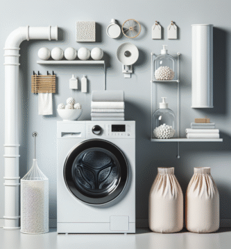 Et ryddig vaskerom med en moderne tørketrommel og flere tilbehør: stablesokkel, avtrekksrør, tørkeballer og duftposer – lys, minimalistisk stil