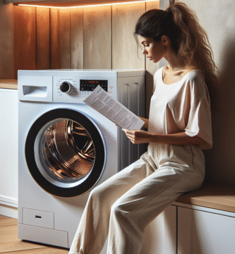 En moderne tørketrommel i et lyst vaskerom, med en tydelig garantimerkning på dørkanten og en eier som leser manualen; rent, skandinavisk interiør, varm fargetone.