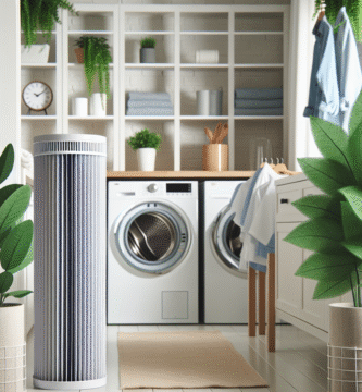 Et moderne, ryddig vaskerom med en energieffektiv varmepumpetørketrommel, rent lofilter i forgrunnen, godt lys og grønne planter for et hjemlig preg