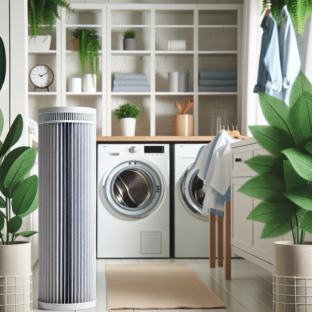 Et moderne, ryddig vaskerom med en energieffektiv varmepumpetørketrommel, rent lofilter i forgrunnen, godt lys og grønne planter for et hjemlig preg