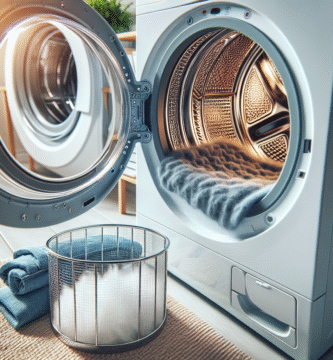 Nærbilde av en moderne tørketrommel i et lyst vaskerom, fokus på åpen trommel og rengjort lofilter, realistisk stil