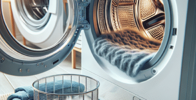 Nærbilde av en moderne tørketrommel i et lyst vaskerom, fokus på åpen trommel og rengjort lofilter, realistisk stil