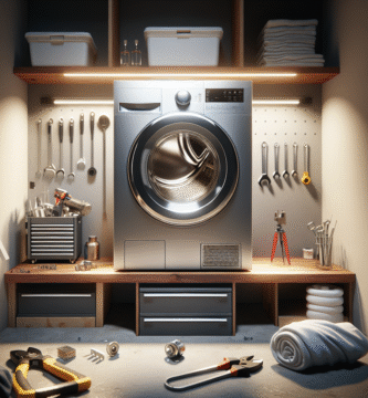 Et moderne vaskerom med en åpen tørketrommel på arbeidsbenk, verktøy og reservedeler arrangert pent, realistisk lys og rent, teknisk fokus