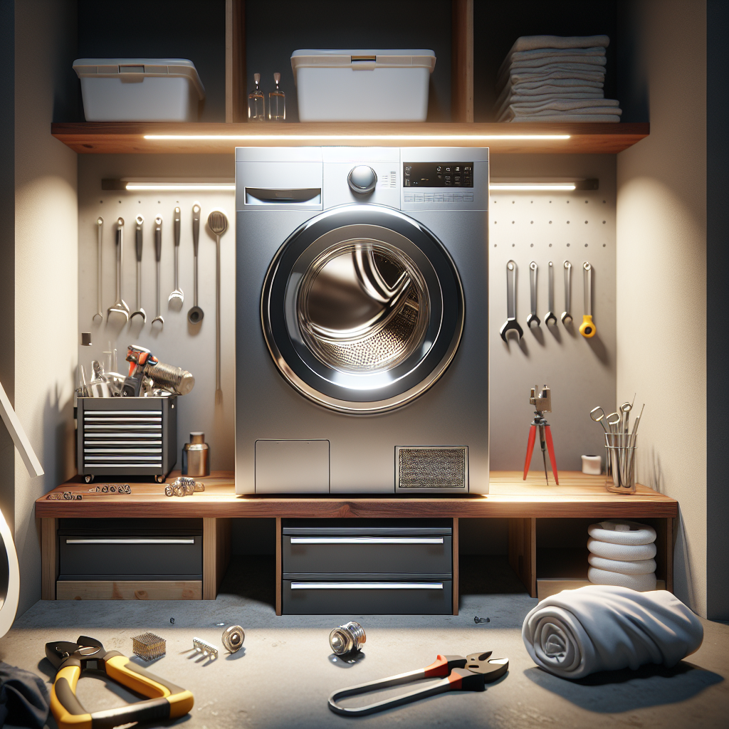 Et moderne vaskerom med en åpen tørketrommel på arbeidsbenk, verktøy og reservedeler arrangert pent, realistisk lys og rent, teknisk fokus