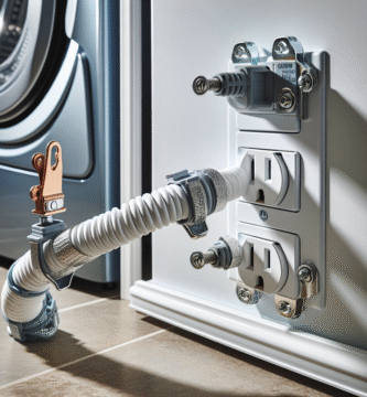 Nærbilde av en trygg tørketrommelinstallasjon: jordet kabel koblet til stikkontakt i et rent vaskerom, med tydelige kabelklemmer og fuktsikre gjennomføringer, nøytral belysning