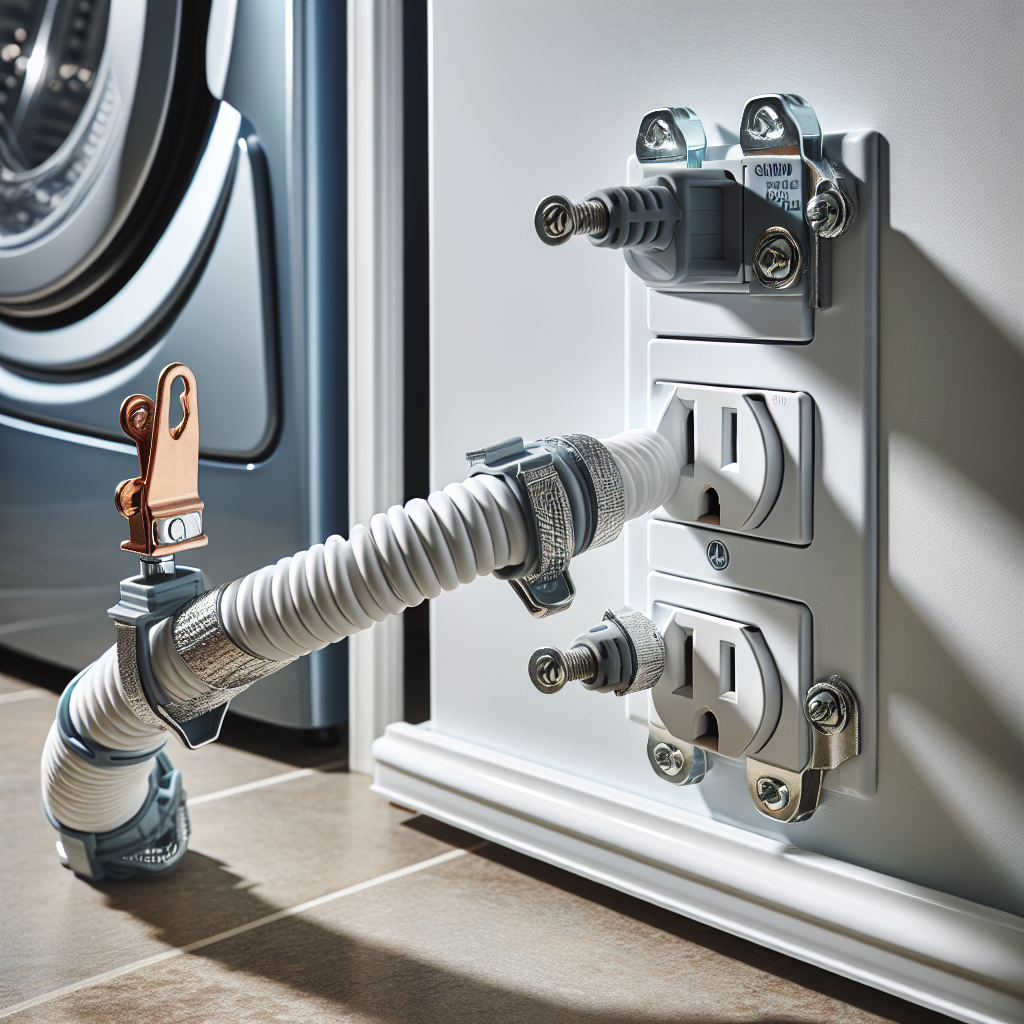 Nærbilde av en trygg tørketrommelinstallasjon: jordet kabel koblet til stikkontakt i et rent vaskerom, med tydelige kabelklemmer og fuktsikre gjennomføringer, nøytral belysning