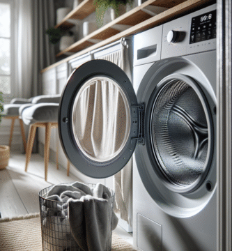Nærbilde av en moderne tørketrommel i et lyst vaskerom, med åpen dør og synlig lofilter, rene teksturer og en ryddig, nordisk estetikk