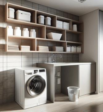 Moderne vaskerom med tørketrommel og kompositthyller, fuktsikkert miljø, nøytrale farger, rent og funksjonelt, realistisk fotostil