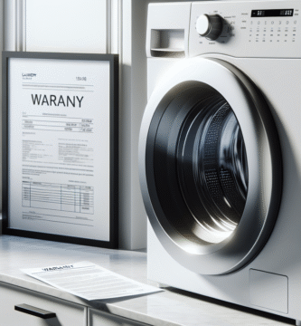Nærbilde av en moderne hvit tørketrommel i et stilrent vaskerom, med et garantidokument og kvittering synlig på en benk ved siden av. Lys, klar komposisjon.