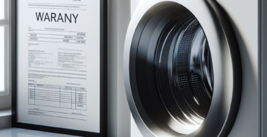 Nærbilde av en moderne hvit tørketrommel i et stilrent vaskerom, med et garantidokument og kvittering synlig på en benk ved siden av. Lys, klar komposisjon.