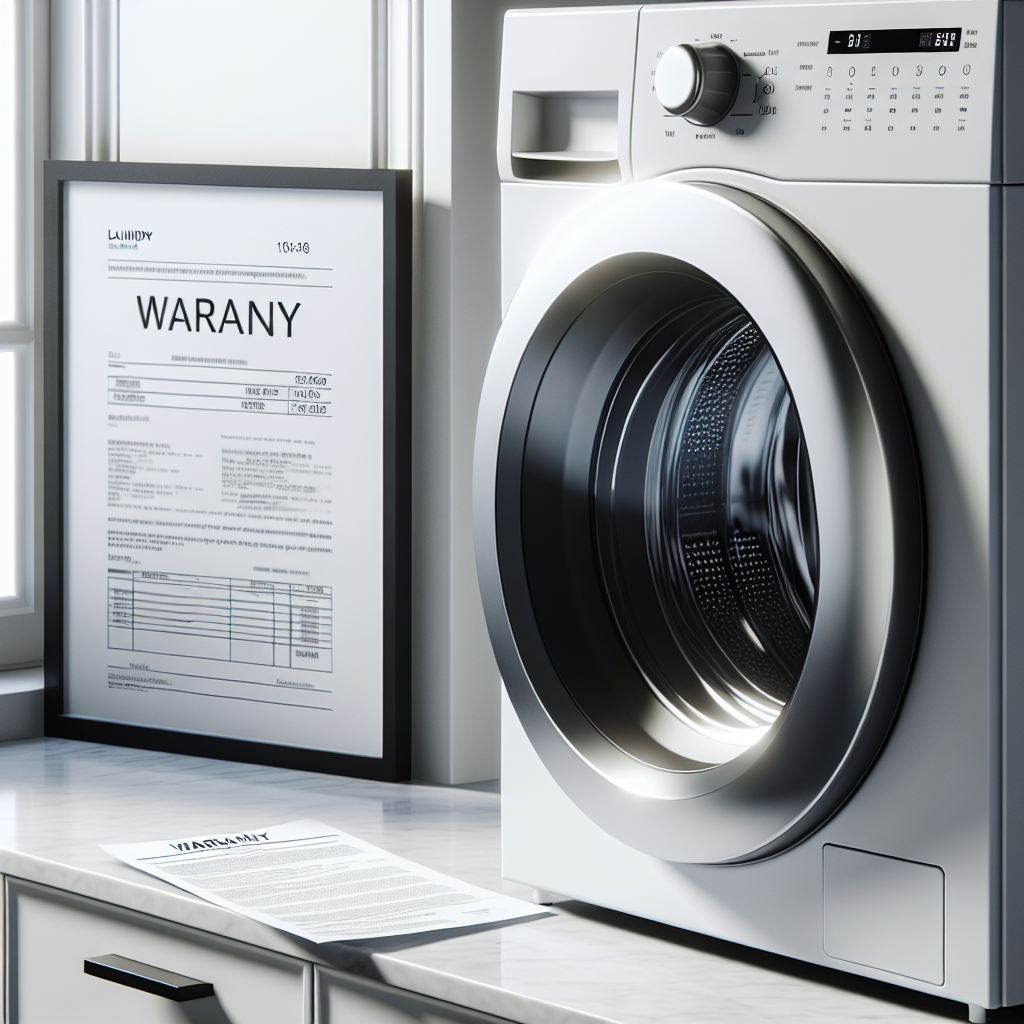 Nærbilde av en moderne hvit tørketrommel i et stilrent vaskerom, med et garantidokument og kvittering synlig på en benk ved siden av. Lys, klar komposisjon.