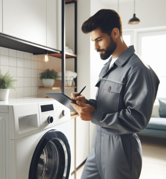 Nærbilde av en moderne tørketrommel i et lyst vaskerom, serviceperson med nettbrett som noterer detaljer, vennlig atmosfære, klar og profesjonell stil