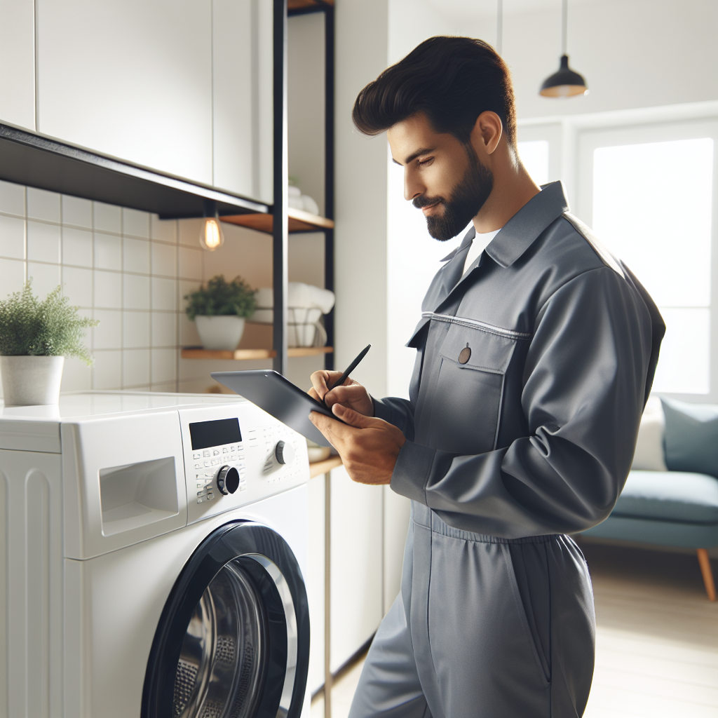 Nærbilde av en moderne tørketrommel i et lyst vaskerom, serviceperson med nettbrett som noterer detaljer, vennlig atmosfære, klar og profesjonell stil