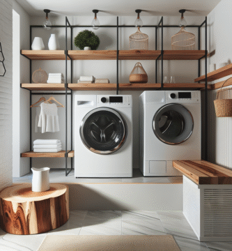 Lyst, moderne vaskerom med hvit tørketrommel, elegante trehyller og varmebehandlet treplate, godt lys og rene linjer, fuktbestandig estetikk