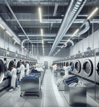 Et moderne kommersielt vaskeri med flere industrielle tørketromler på rekke, rene tekstiler, ventilasjonskanaler og teknisk personell i arbeid, klart og profesjonelt lys