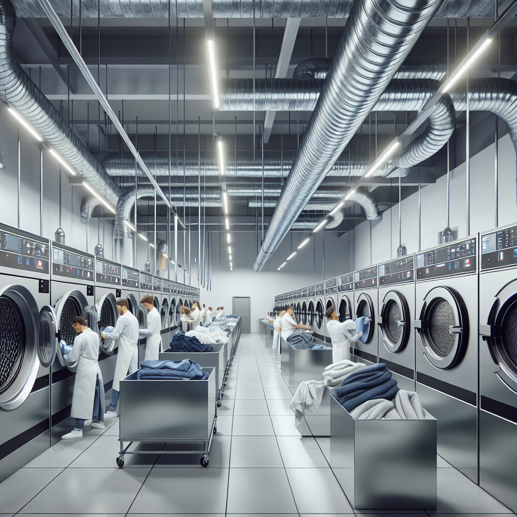 Et moderne kommersielt vaskeri med flere industrielle tørketromler på rekke, rene tekstiler, ventilasjonskanaler og teknisk personell i arbeid, klart og profesjonelt lys